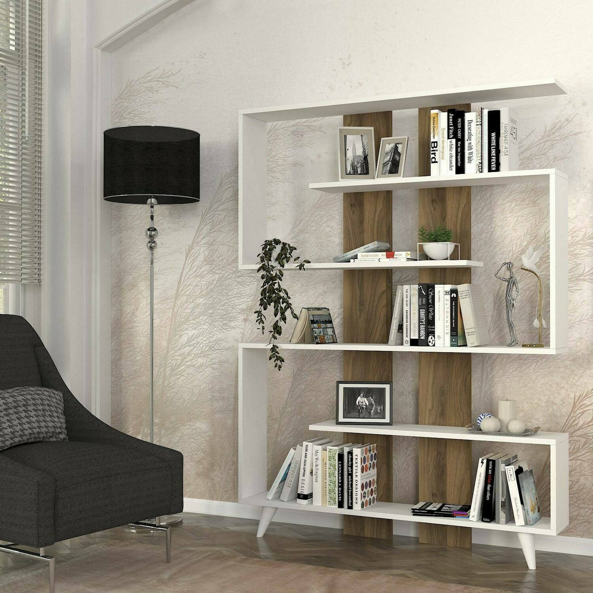 foto del prodotto libreria spodumene, scaffale da ufficio, mobile portalibri, biblioteca, 120x20h162 cm, bianco e noce