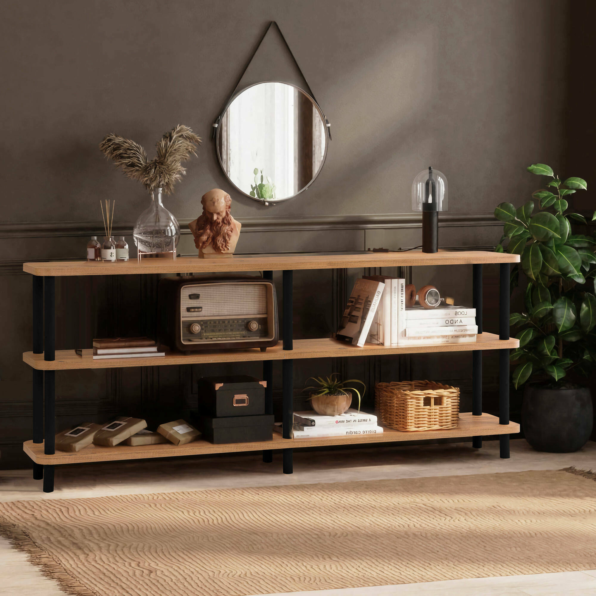 foto del prodotto libreria thuja, scaffale da ufficio, mobile portalibri, biblioteca, 180x35 h75 cm, nero e quercia