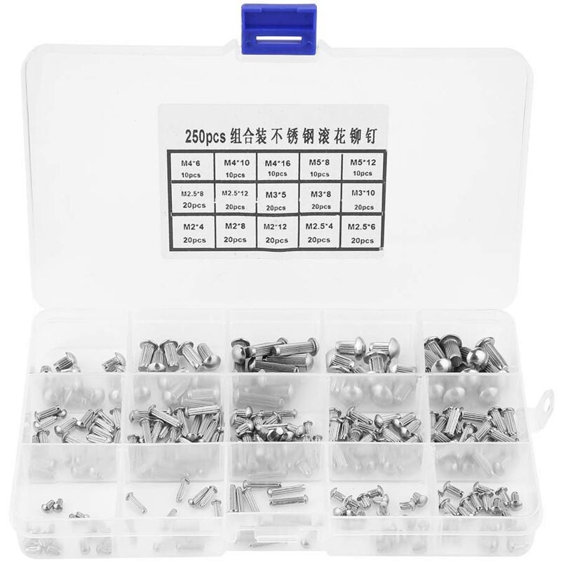 foto del prodotto liebewh 250 pezzi rivetti pieni, m2 m5 in acciaio inossidabile testa tonda rivetti con gambo zigrinato assortimento set di utensili per ferramenta