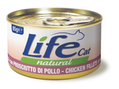 foto del prodotto life cat natural lattine 85 gr - pollo con prosciutto - confezione da 24 pezzi - cibo umido per gatti - 10 sconto con codice lifeblack