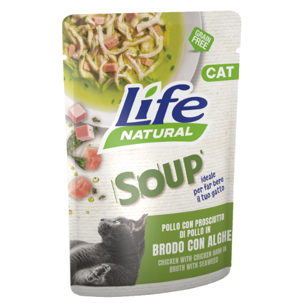 foto del prodotto life cat natural soup bustine in brodo grain free 60 gr - pollo e prosciutto di pollo con alghe - confezione da 30 pezzi - 1 ordine scegli lo sconto bzr5 bzr20 200 punti fedeltà