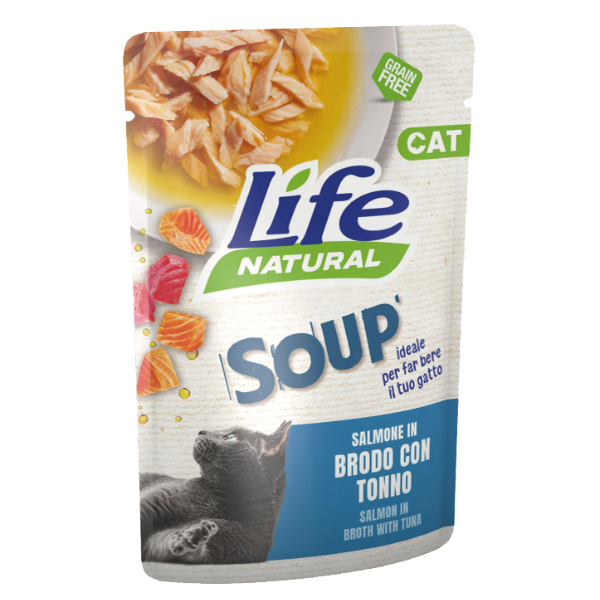 foto del prodotto life cat natural soup bustine in brodo grain free 60 gr - salmone e tonno - confezione da 30 pezzi - 10 sconto con codice lifeblack