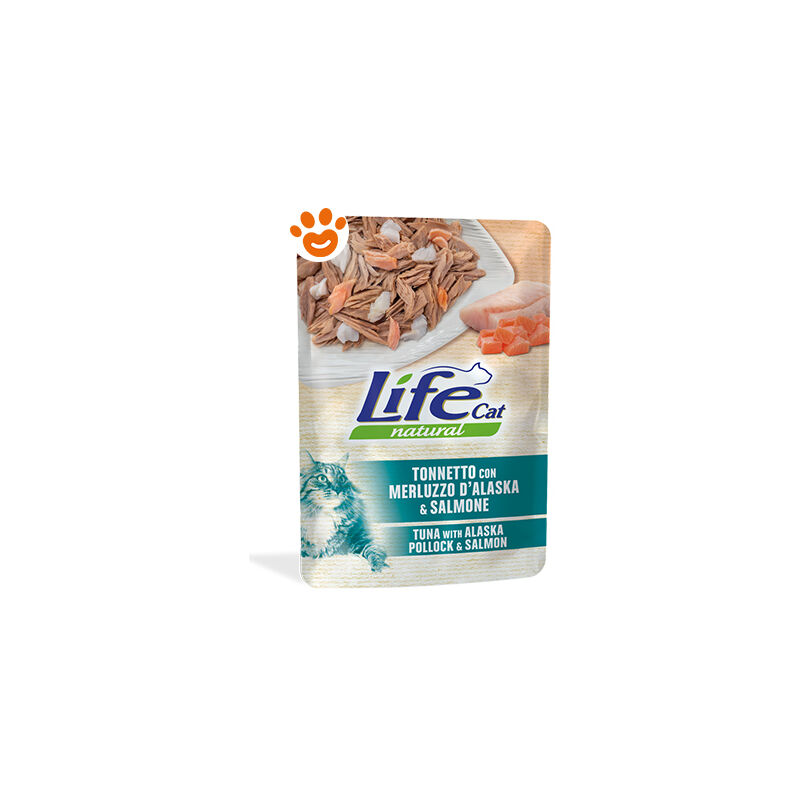 foto del prodotto life cat natural tonnetto con merluzzo d alaska e salmone life cat natural tonnetto con merluzzo d alaska e salmone bustina da 70 gr