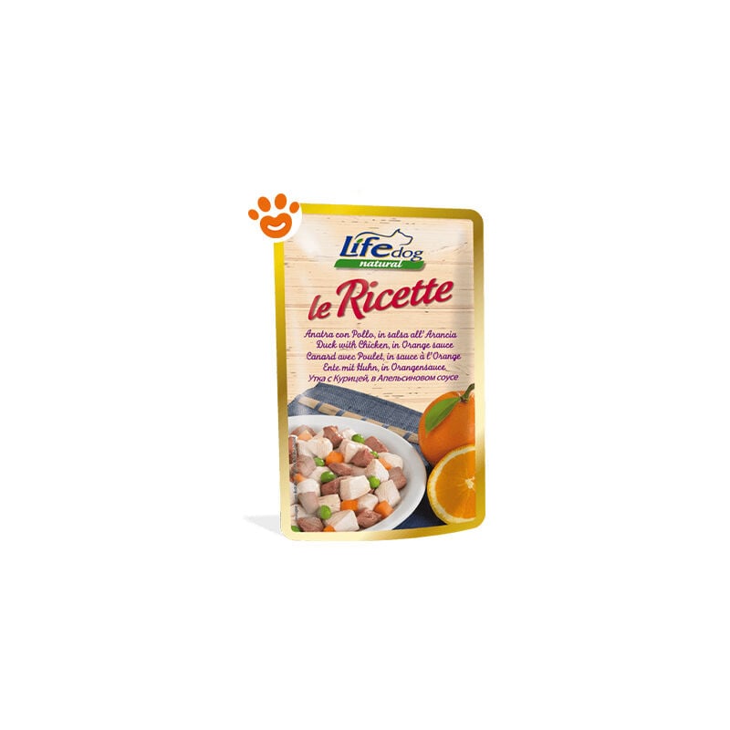 foto del prodotto life dog natural le ricette anatra con pollo in salsa all arancia dog natural le ricette anatra con pollo in salsa all arancia bustina da 95