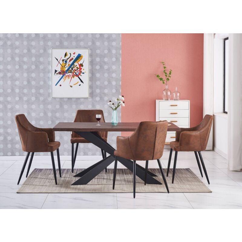 foto del prodotto life interiors - set da pranzo duke lux zarah - un tavolo da pranzo in legno di noce e un set di 4 sedie da pranzo in pelle marrone - sala da pranzo