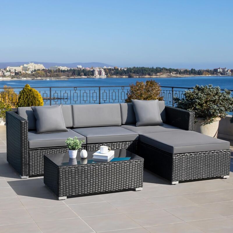 foto del prodotto liferun 5pcs set mobili da giardino in rattan,rattan giardino set,lounge set da giardino,divano in polyrattan,mobili da giardino,set di divani in