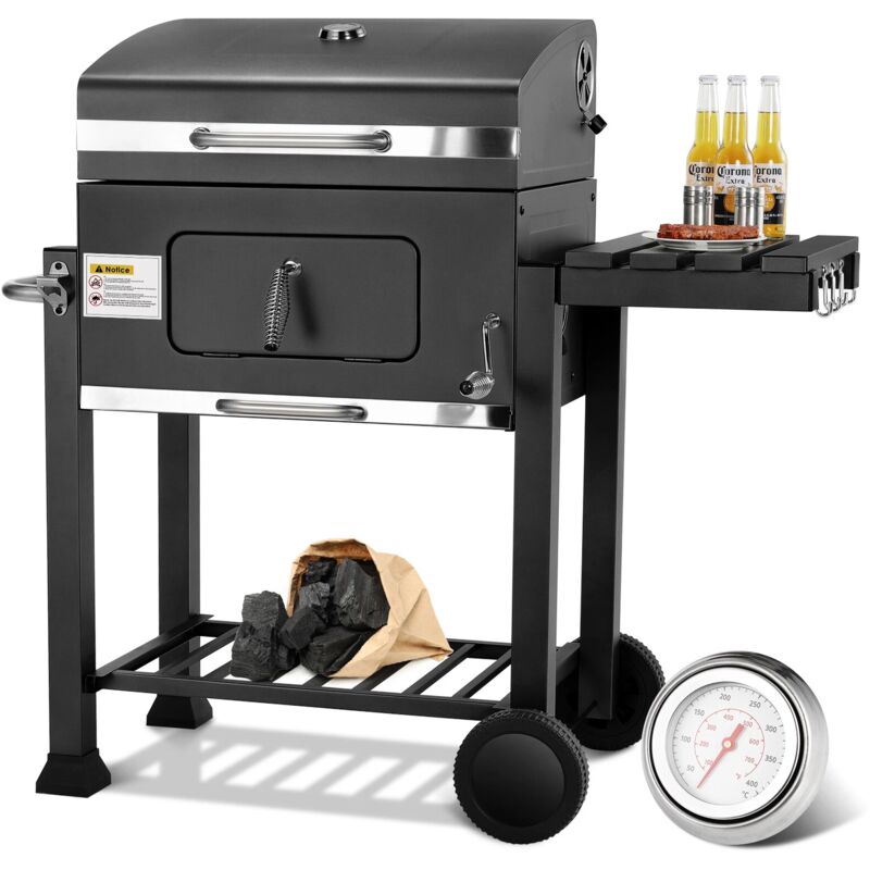 foto del prodotto liferun barbecue a carbone, affumicatore per barbecue, carrello per barbecue, affumicatore per barbecue, barbecue a carbone con coperchio, nero