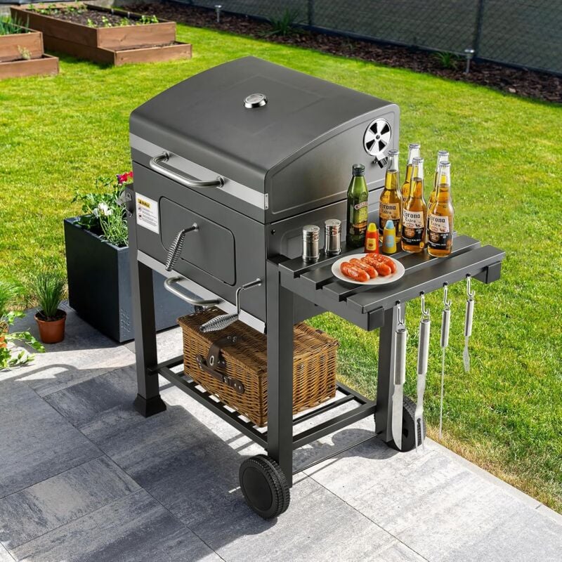 foto del prodotto liferun barbecue a carbone, affumicatore per barbecue, carrello per barbecue, affumicatore per barbecue, griglia a carbone con coperchio 124x56x140