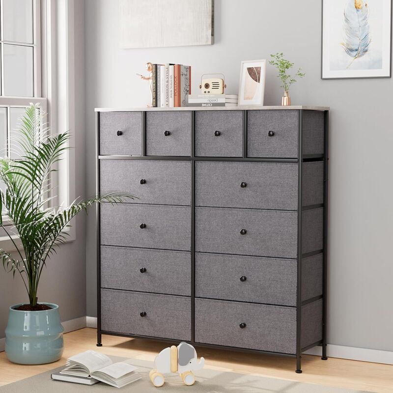 foto del prodotto liferun cassettiera con 12 cassetti in tessuto, mobiletto portaoggetti, credenza, cassettiera per soggiorno, camera da letto, ufficio, grigio