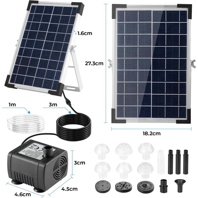 foto del prodotto liferun fontana solare 9v 5w 250l h, pompa solare per acqua, con tubo dell acqua da 1 m, cavo da 3,25 m, 9 ugelli, pompa solare per laghetto, per