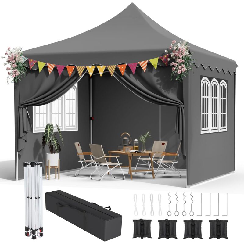 foto del prodotto liferun gazebo da giardino 3x3m, tenda da giardino, padiglione, tettoia pieghevole impermeabile, uv 50 , con 4 pareti, 4 sacchi di sabbia, per