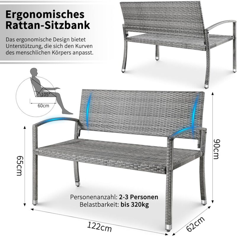 foto del prodotto liferun panca da giardino in rattan, panca da esterno, panca da balcone a 2 posti, mobili da giardino, rattan bifacciale, 122x62x90 cm, grigio