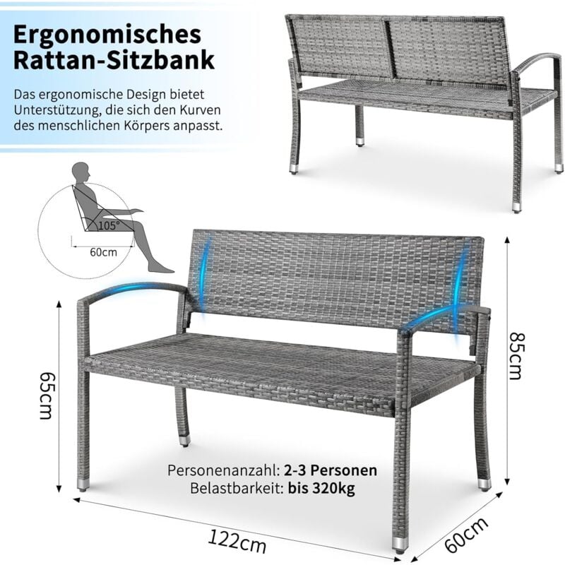foto del prodotto liferun panca da giardino in rattan, panca da esterno, panca da balcone a 2 posti, mobili da giardino, rattan monofacciale, 122x60x85 cm, grigio