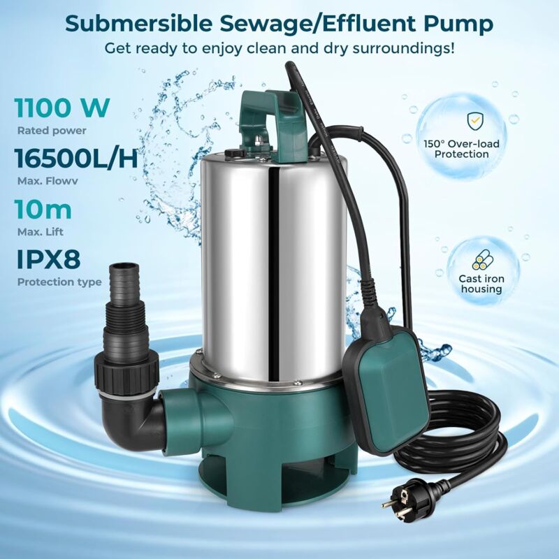 foto del prodotto liferun pompa di sollevamento per acque reflue da 1100 w, pompa di scarico per acque reflue, pompa sommergibile ipx8 da 16500 l h