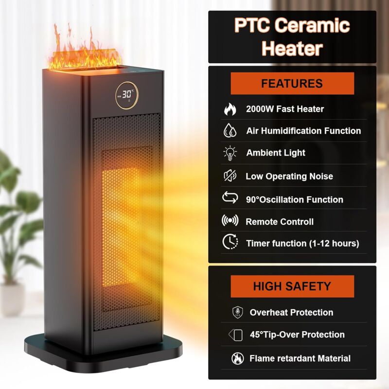 foto del prodotto liferun riscaldatore portatile da 2000 w con umidificatore, termoventilatore elettrico con termostato, oscillante a 90 , timer da 1 a 12 ore,