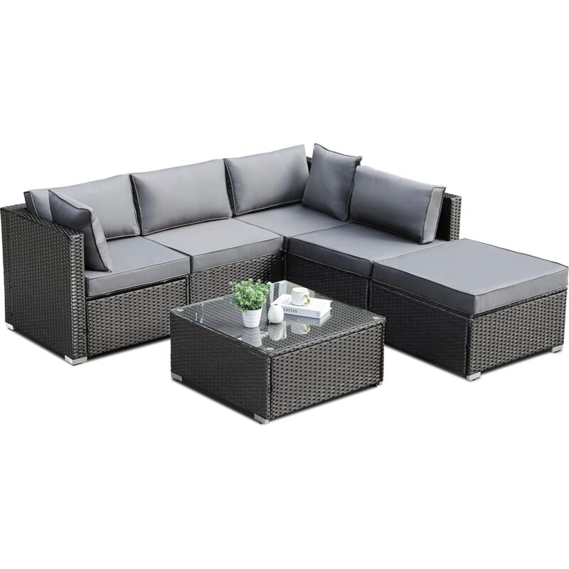 foto del prodotto liferun salotto da giardino esterno in rattan da 6 pezzi, salottino da esterno impermeabile per un massimo di 7 persone, anti uv divanetto tavolo