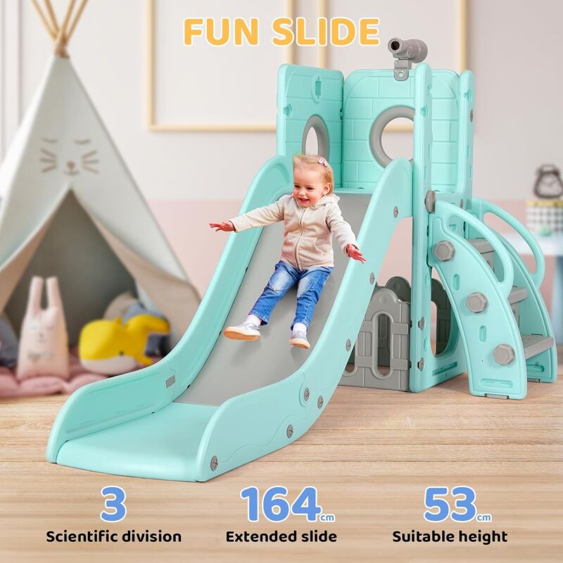 foto del prodotto liferun scivolo per bambini con altalena, scivolo per bambini con altalena, telescopio, spazio di archiviazione, scale, area giochi interna ed