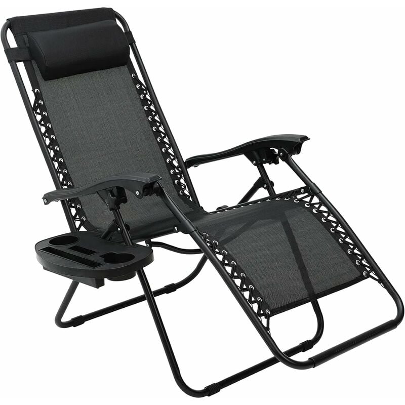 foto del prodotto liferun sdraio da giardino con portabicchieri e poggiatesta, schienale regolabile, sdraio pieghevole, ergonomico e traspirante, sedia a sdraio nero