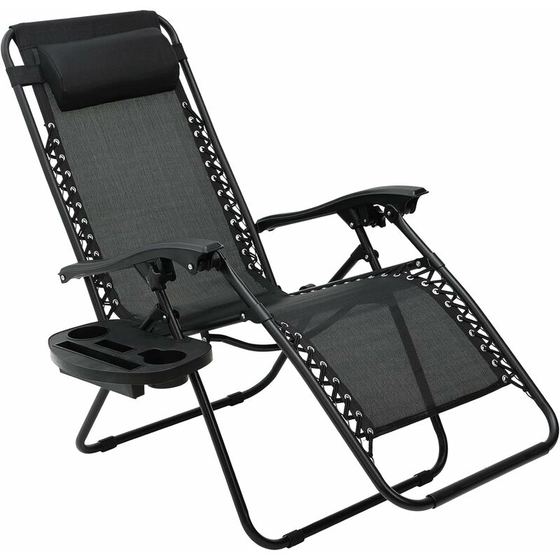 foto del prodotto liferun sdraio da giardino con portabicchieri e poggiatesta, schienale regolabile, sdraio pieghevole, ergonomico e traspirante, sedia a sdraio nero
