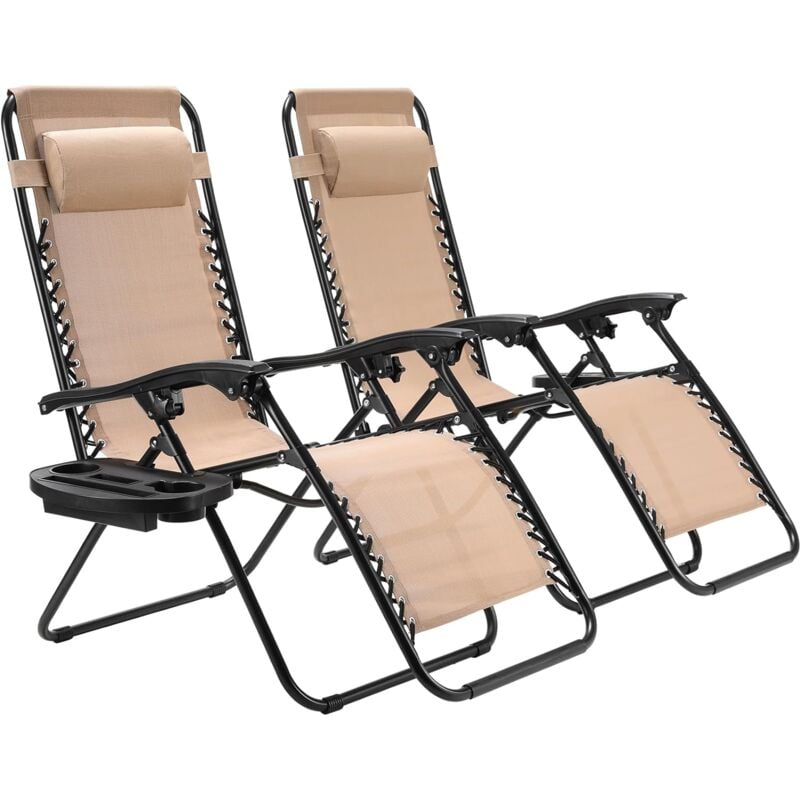 foto del prodotto liferun set di 2 sedie a sdraio pieghevole con poggiatesta e schienale regolabili, per riposare il pranzo con portabevande ergonomiche e