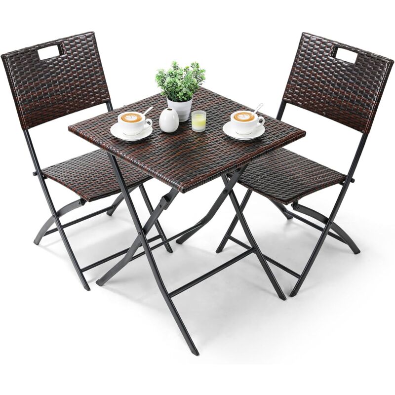 foto del prodotto liferun set di 3 mobili da balcone in rattan, mobili da giardino da bistr , 1 tavolo pieghevole e 2 sedie, colore marrone, pieghevole, per balcone,