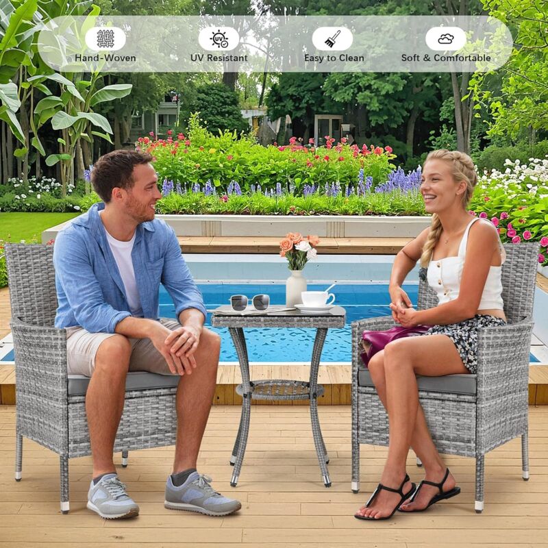foto del prodotto liferun set di mobili da giardino 3 pezzi, set da salotto per balcone, poltrona in rattan con tavolo in vetro, grigio