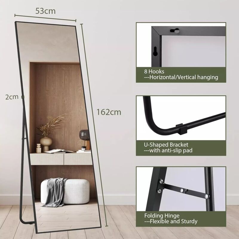 foto del prodotto liferun specchio a figura intera, 162x53 cm, grande specchio da parete hd con cornice in metallo, supporto, gancio per camera da letto, soggiorno
