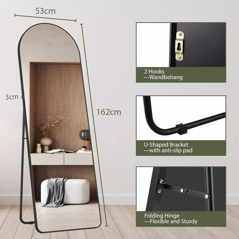 foto del prodotto liferun specchio a figura intera, 162x53 cm, grande specchio da parete hd con cornice in metallo, supporto, gancio per camera da letto, soggiorno