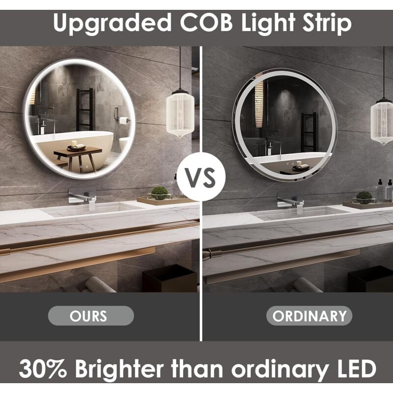 foto del prodotto liferun specchio da bagno rotondo a led, specchio da parete, striscia luminosa cob migliorata, antiappannamento, interruttore touch, 3 colori di