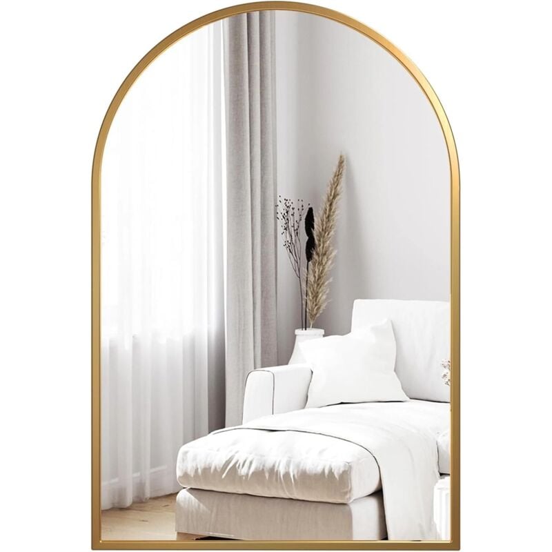 foto del prodotto liferun specchio da parete curvo 66x96 cm, specchio da parete decorativo hd per bagno, lussuosa cornice in alluminio, vetro temperato, oro