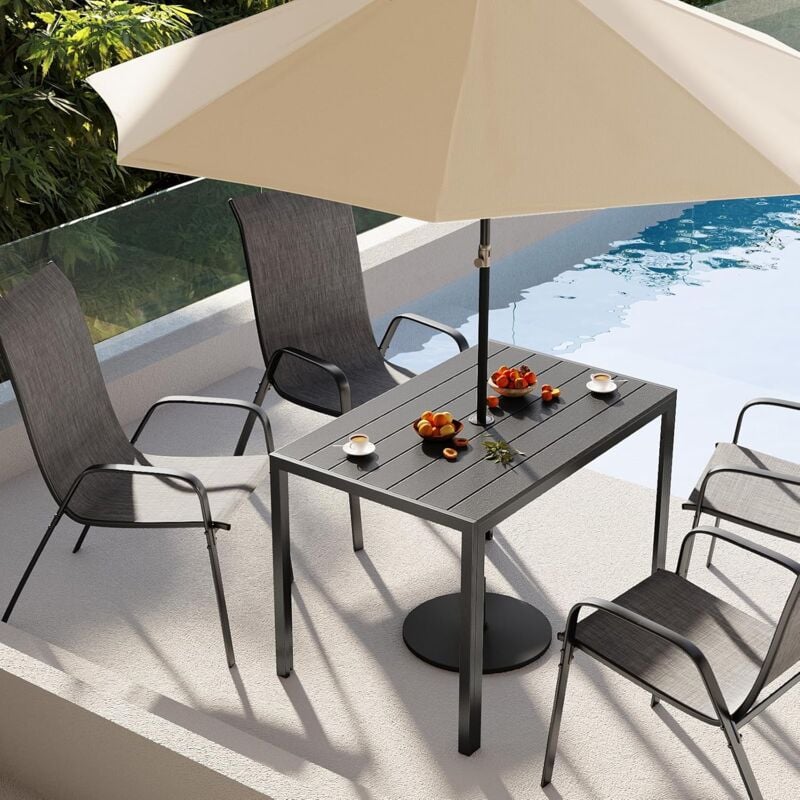 foto del prodotto liferun tavolo da giardino con foro per ombrellone, tavolo da pranzo per esterni per patio 110 x 70 cm, alluminio, wpc, nero