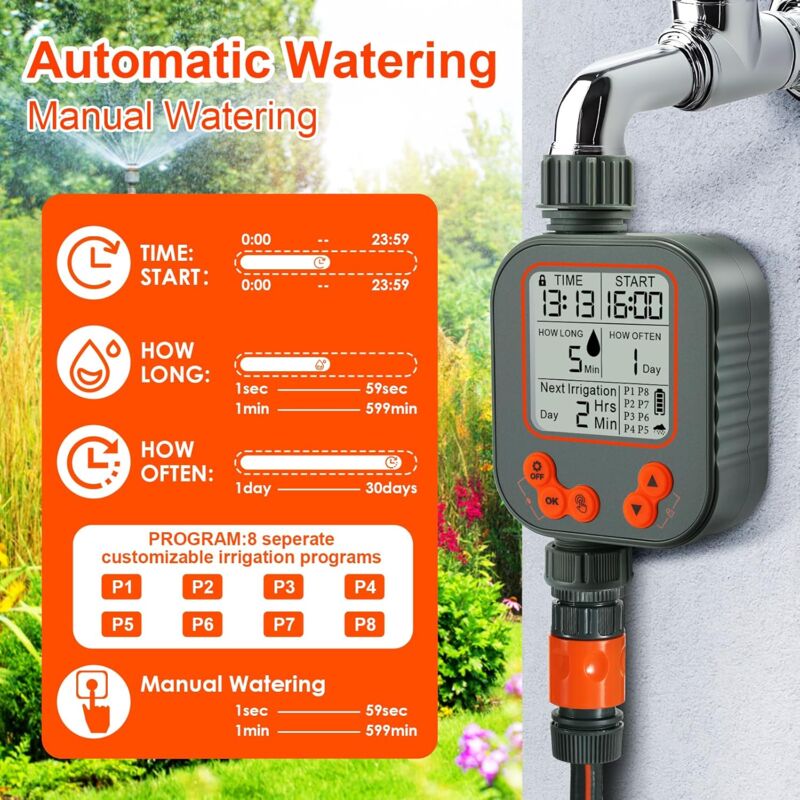 foto del prodotto liferun timer per irrigazione manuale automatico, timer per irrigazione con ritardo pioggia, 8 programmi, ampio schermo lcd, blocco bambini,