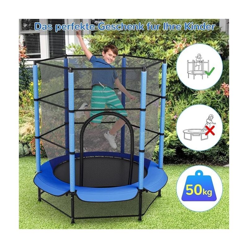 foto del prodotto liferun trampolino per bambini, trampolino per interni ed esterni 140 cm con rete di sicurezza, carico massimo 50 kg blu