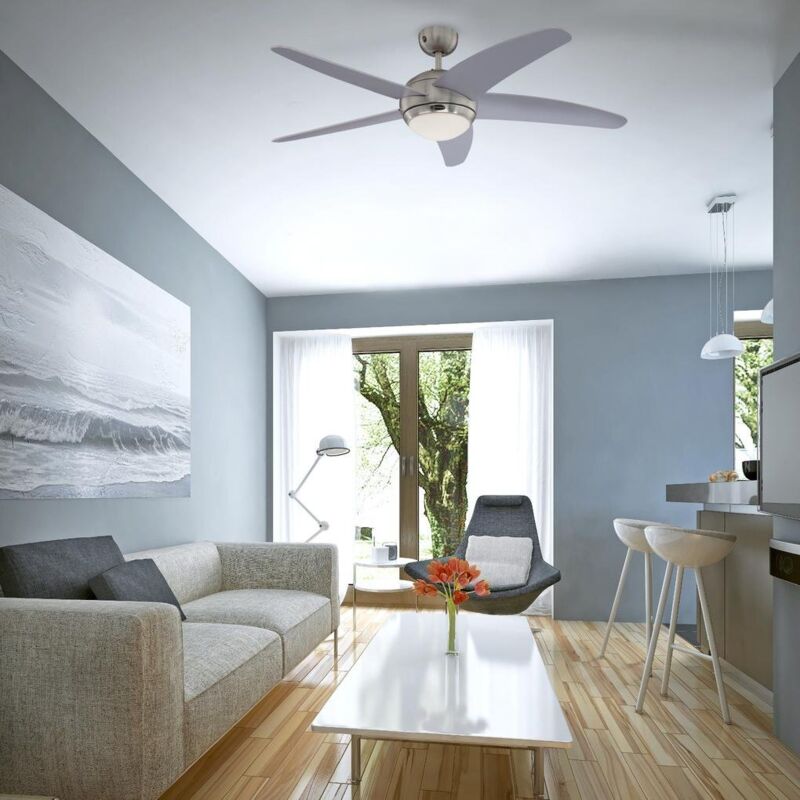 foto del prodotto lighting 72220 bendan one light ventilatore a soffitto per interni a cinque pale, finitura cromo satinato con vetro opalino effetto ghiaccio,