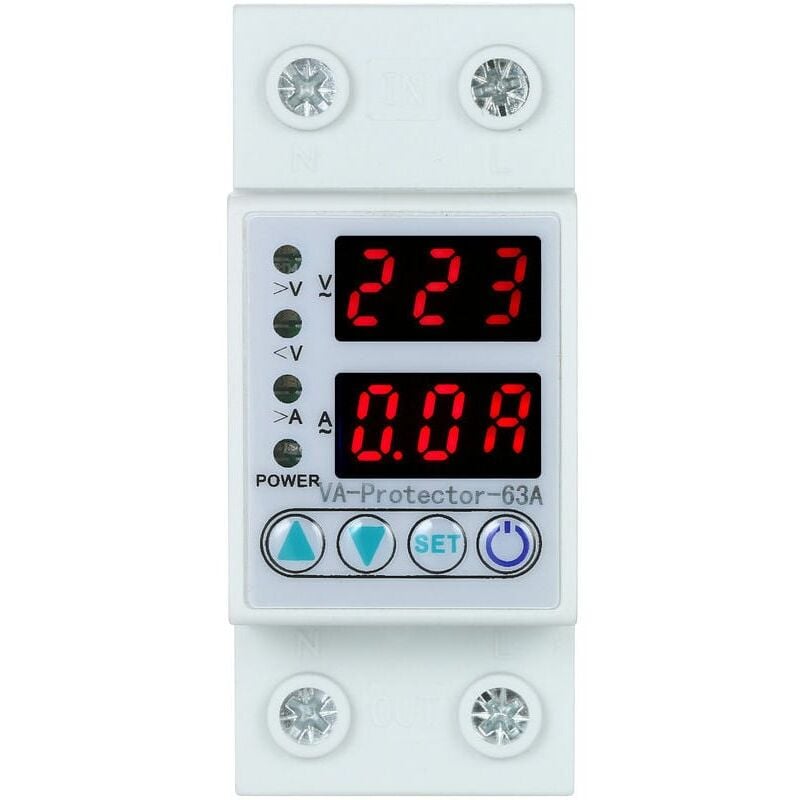 foto del prodotto limitatore di corrente di sovratensione e sottotensione regolabile con ripristino automatico 63a con doppio display a led