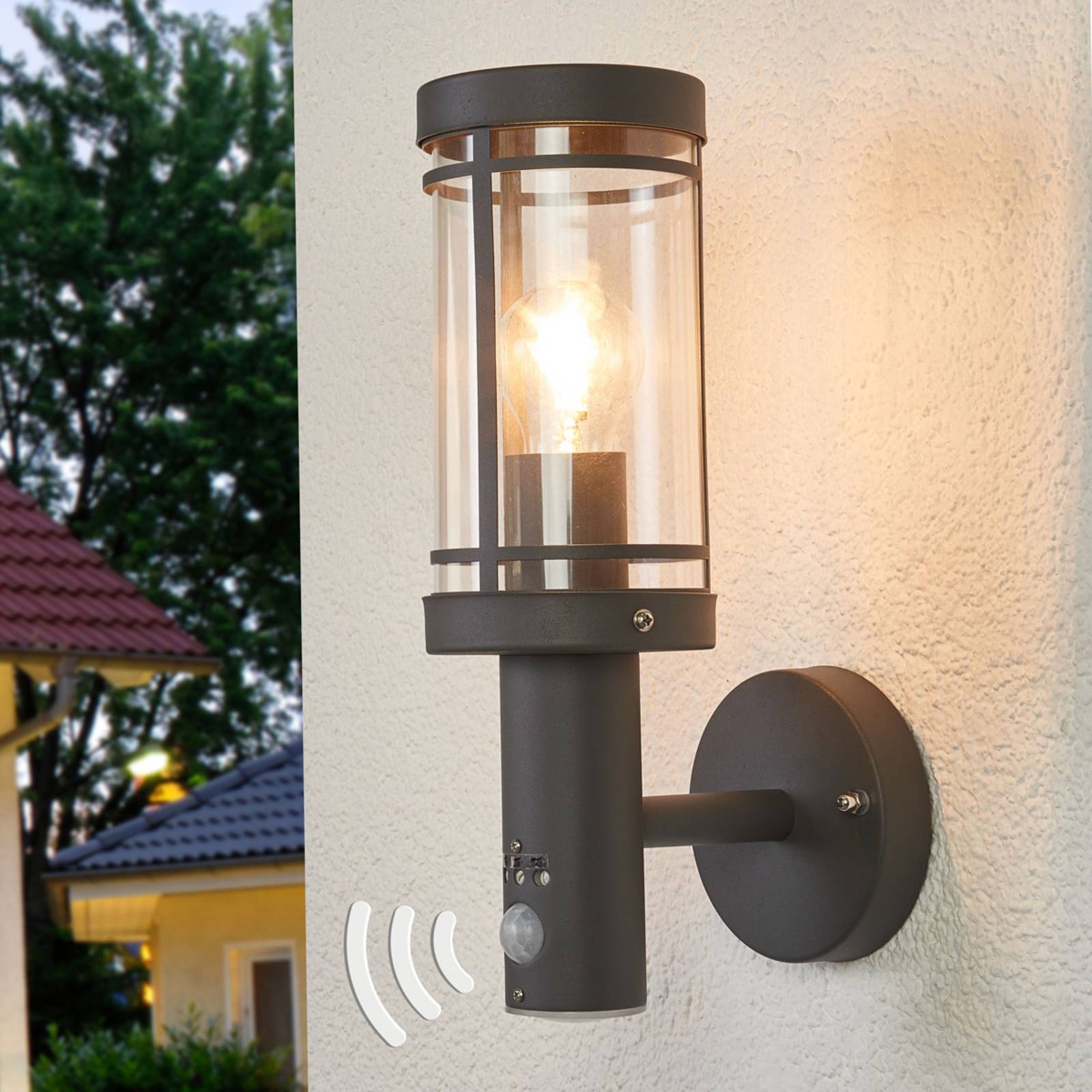 foto del prodotto lindby applique da esterno djori, sensore, antracite, acciaio inox