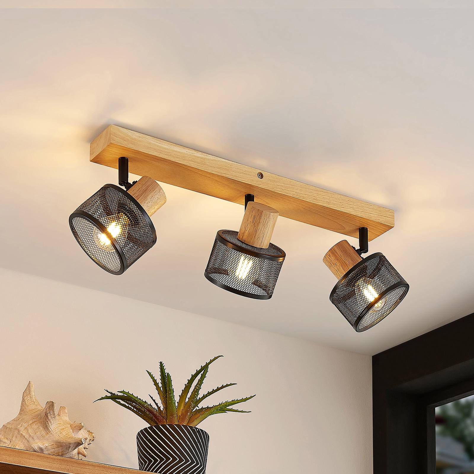 foto del prodotto lindby evinora spot da soffitto di legno, 3 luci