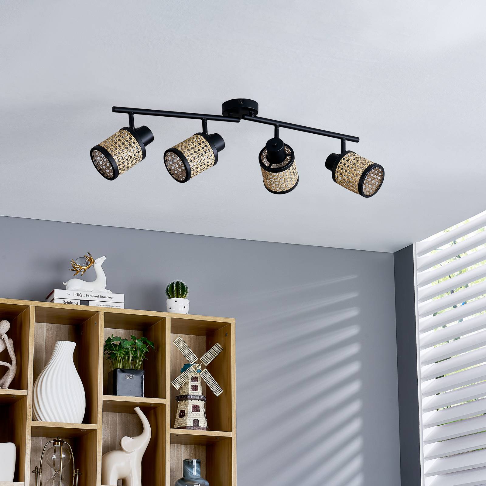 foto del prodotto lindby faretto yaelle, 76 cm, a 4 luci, rattan, nero, e27