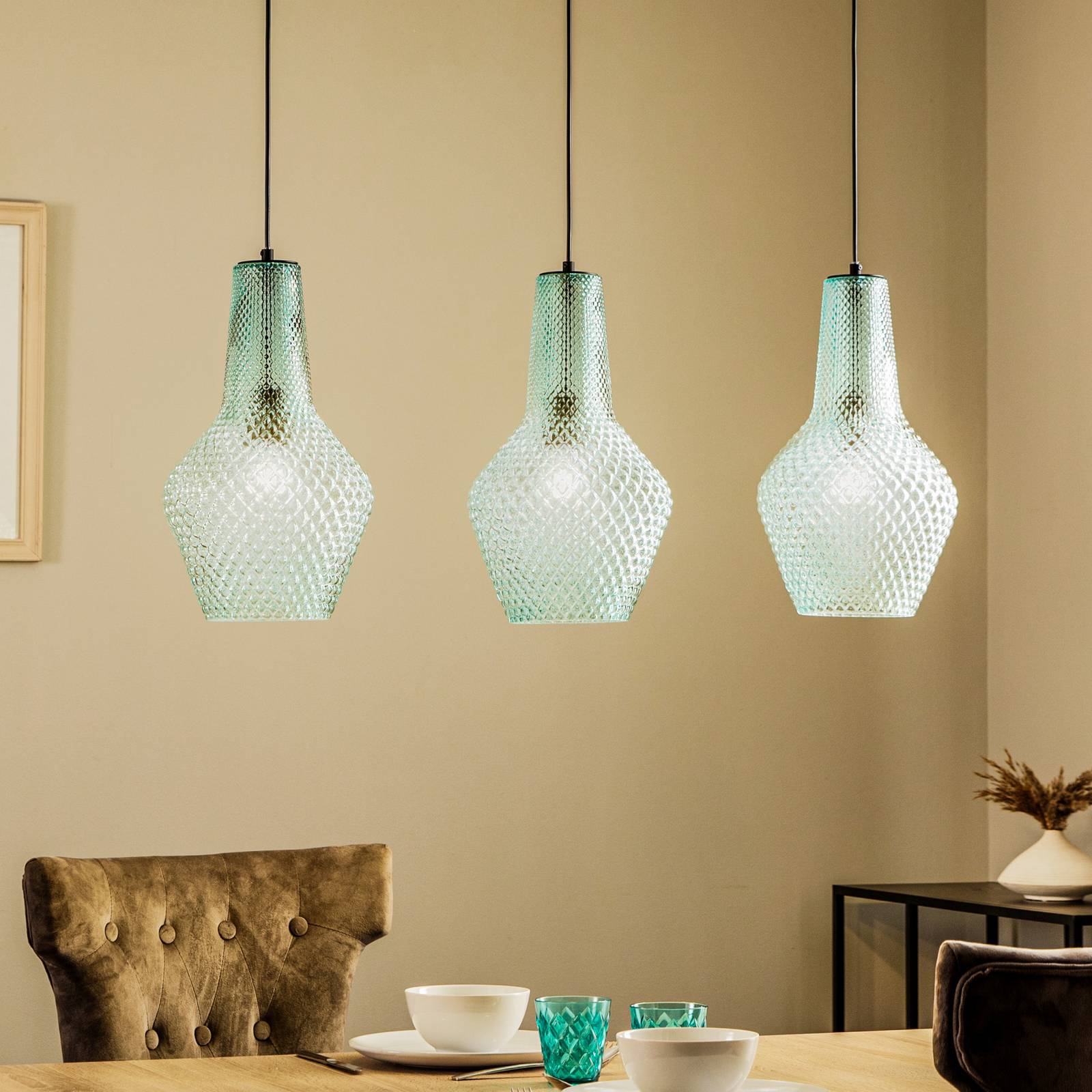 foto del prodotto lindby lampada a sospensione drakar, a 3 luci, azzurro, vetro, 25 cm
