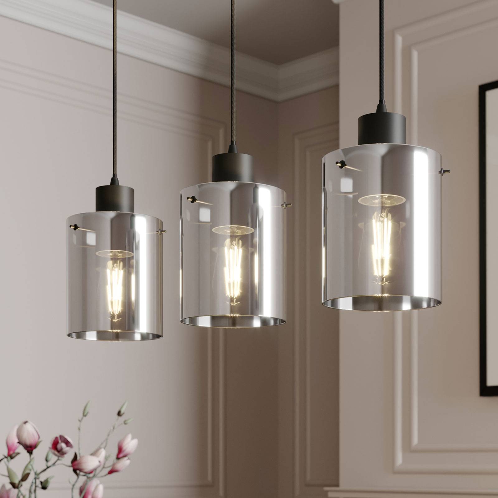 foto del prodotto lindby lampada a sospensione kourtney, a 3 luci, nero grigio, vetro, e27