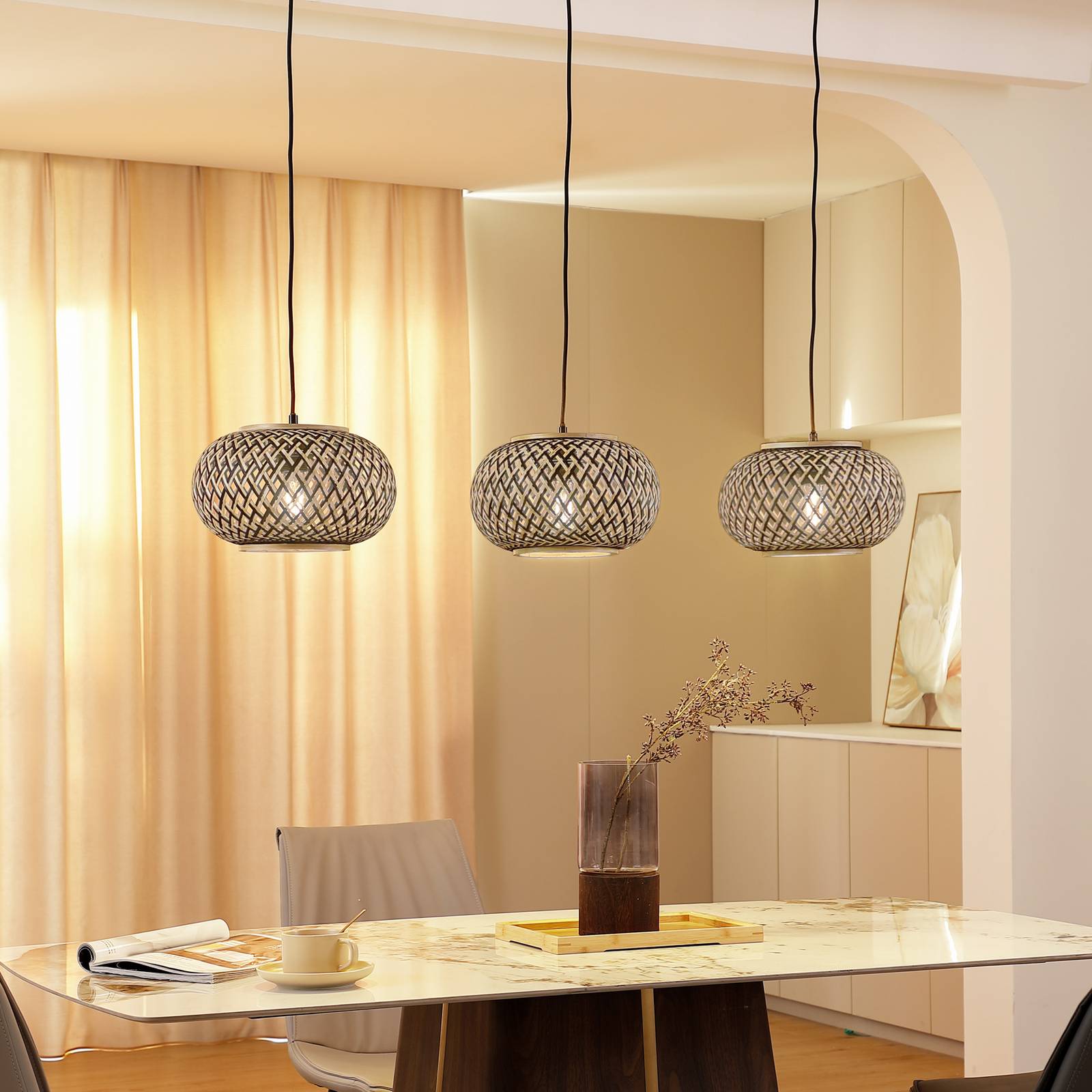 foto del prodotto lindby lampada a sospensione nerys, a 3 luci, nero, bamb , 1.120 cm