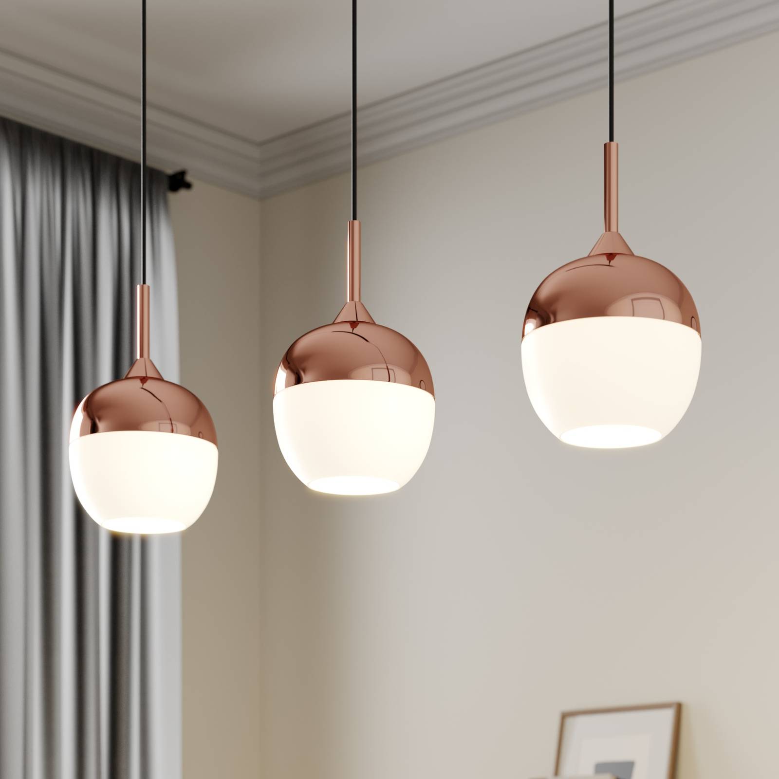 foto del prodotto lindby lampada a sospensione rangina, 100 cm, rame, a 3 luci, vetro