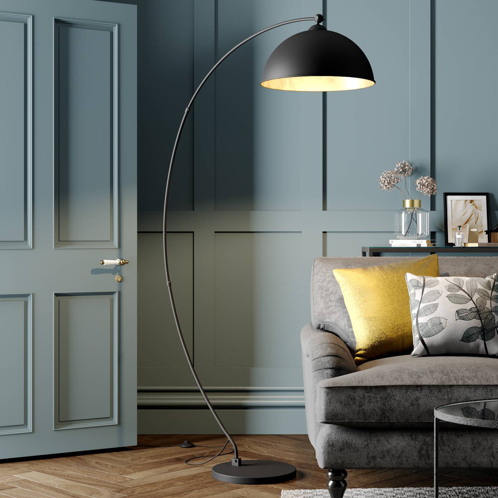foto del prodotto lindby lampada ad arco jonera, nero, metallo, e27, altezza 185 cm
