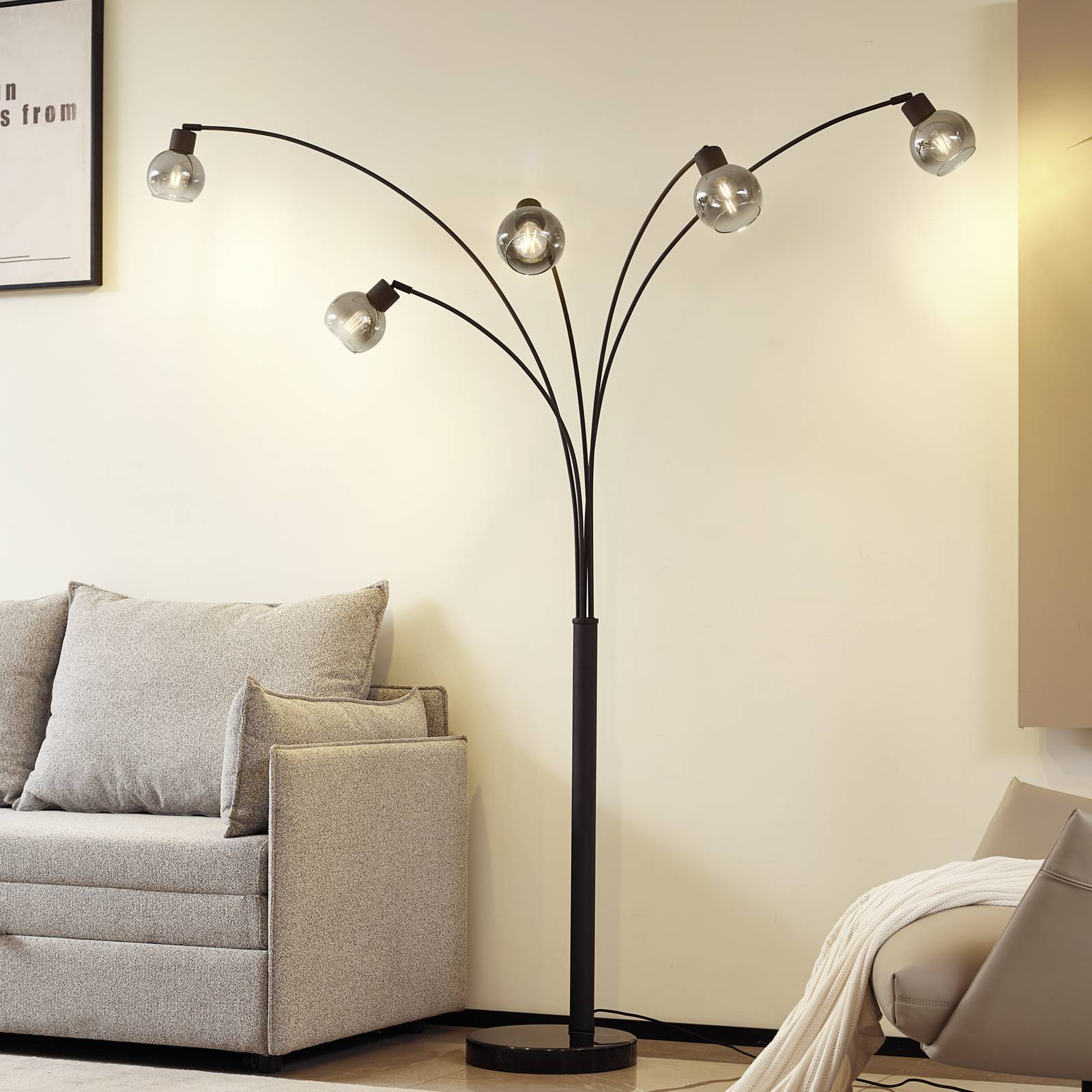 foto del prodotto lindby lampada da terra braccio, grigio nero, vetro, a 5 luci, 204,5 cm