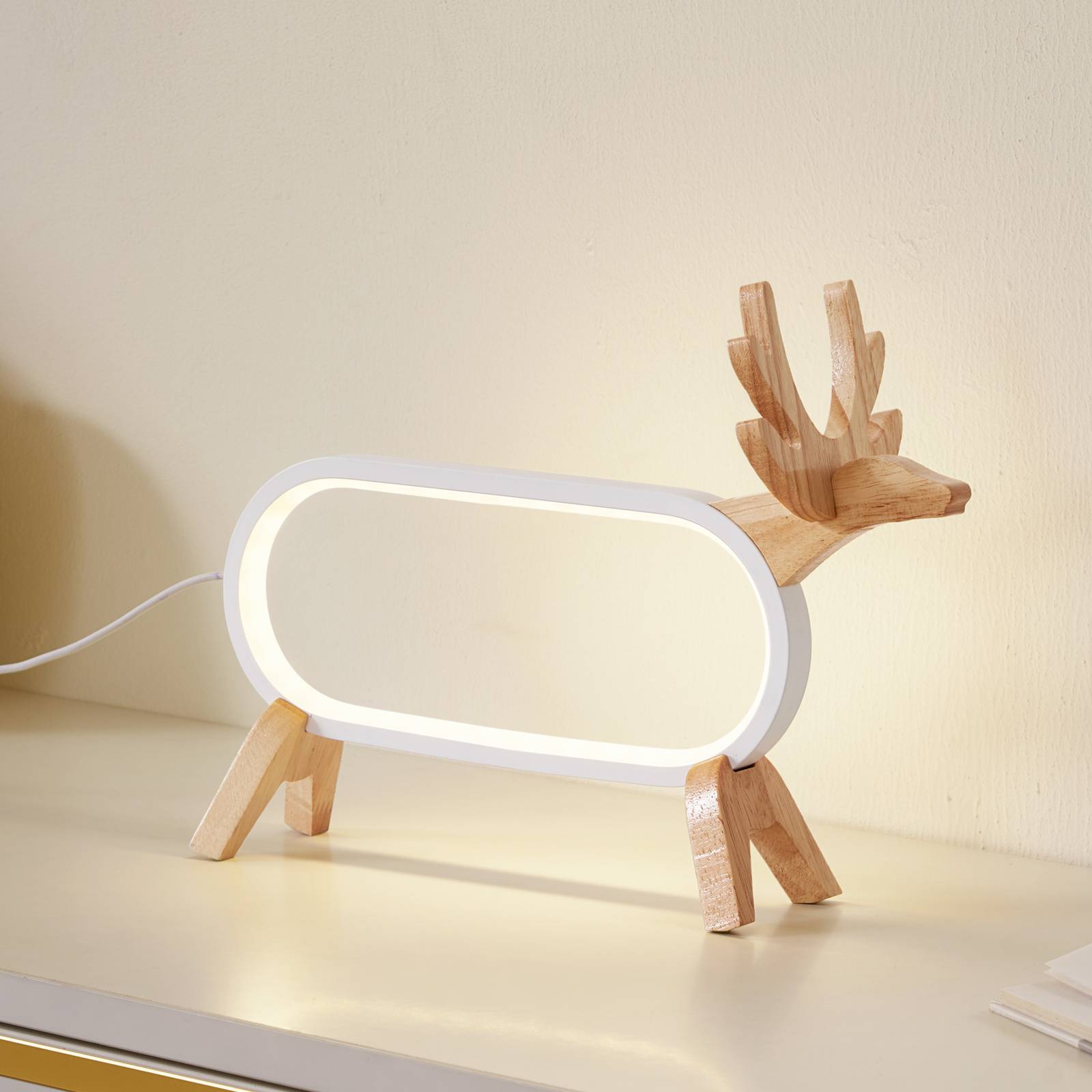 foto del prodotto lindby lampada led da tavolo hirvi, bianco, legno, 31 cm, cct, dimmerabile