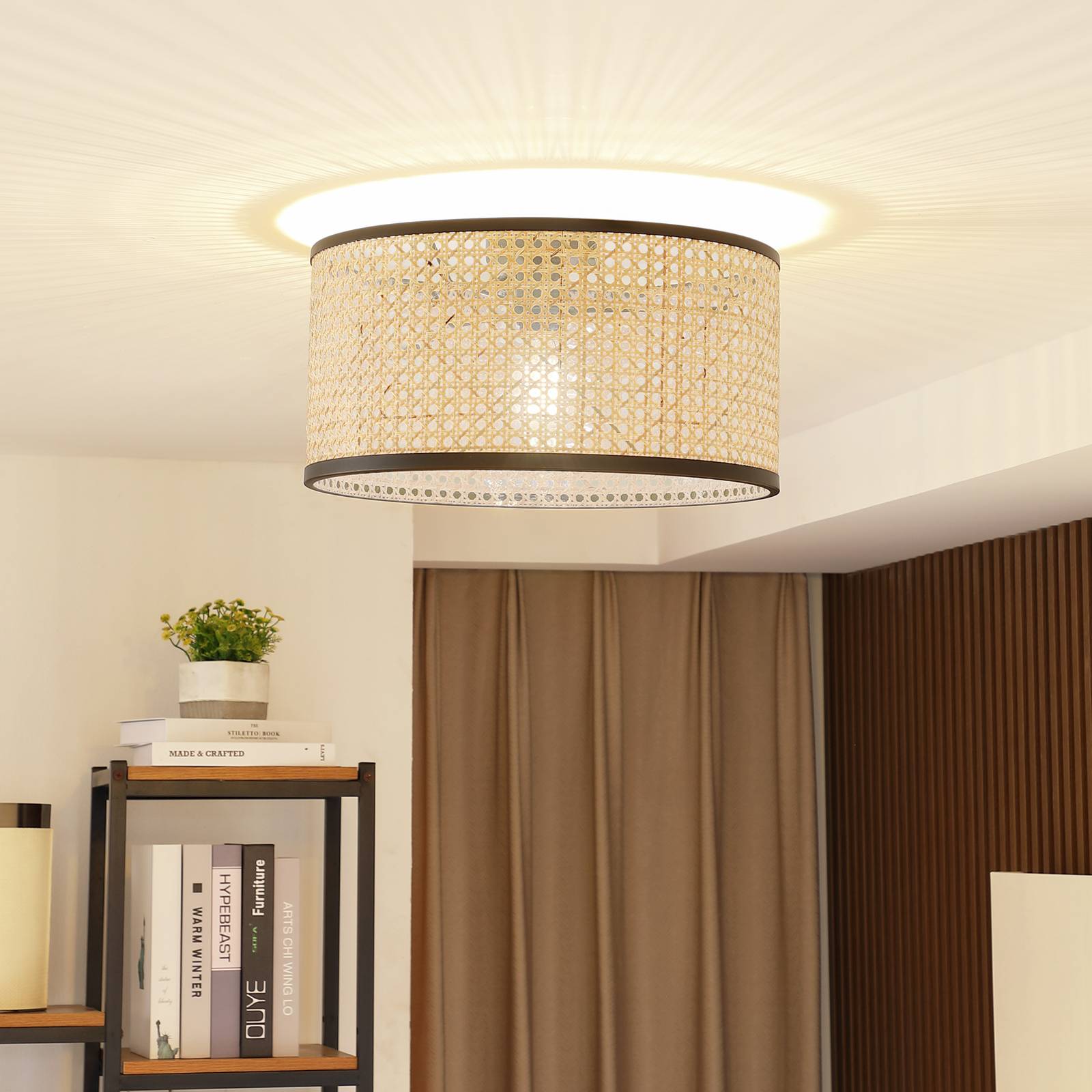 foto del prodotto lindby plafoniera yaelle, altezza 22 cm, rattan, nero, e27