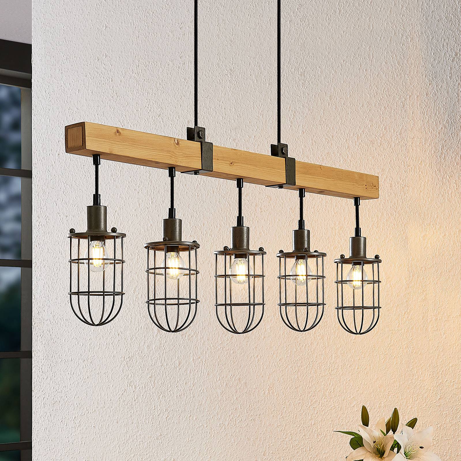 foto del prodotto lindby serima sospensione legno 5 luci a gabbia