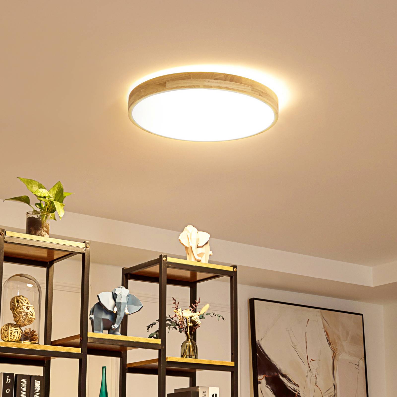 foto del prodotto lindby smart plafoniera led innes legno 51cm rgb cct tuya