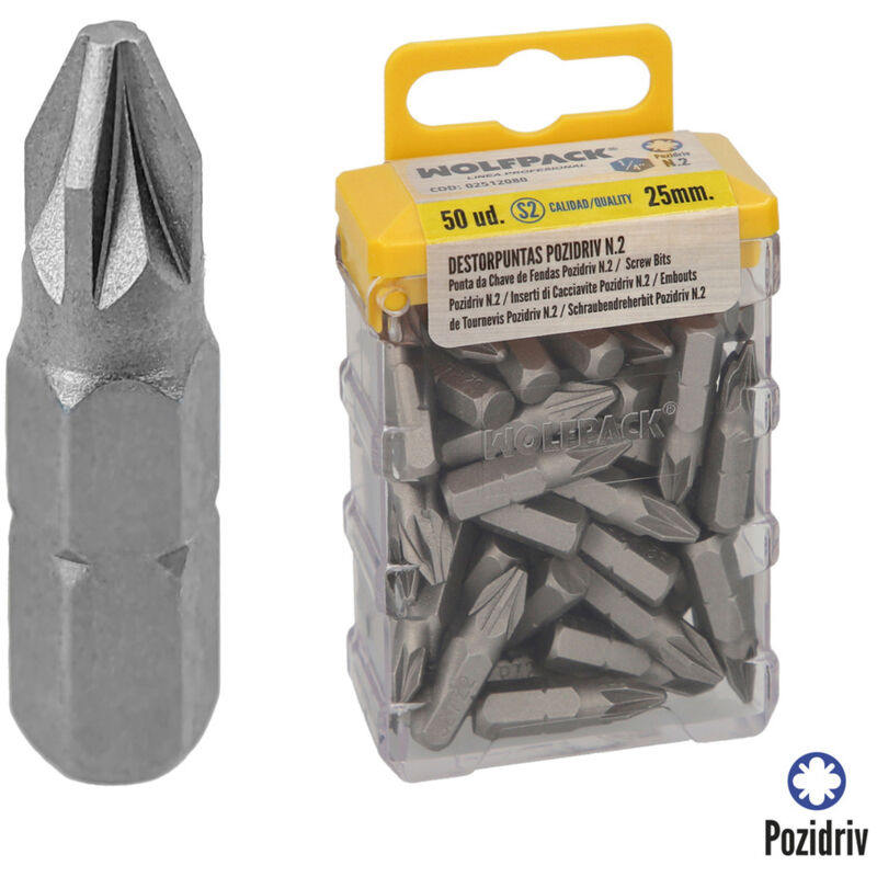foto del prodotto linea profesional bits pozidriv screwdriver bits no. 2 50 pezzi . acciaio al cromo vanadio s2. punte esagonali, portapunte, wolfpack