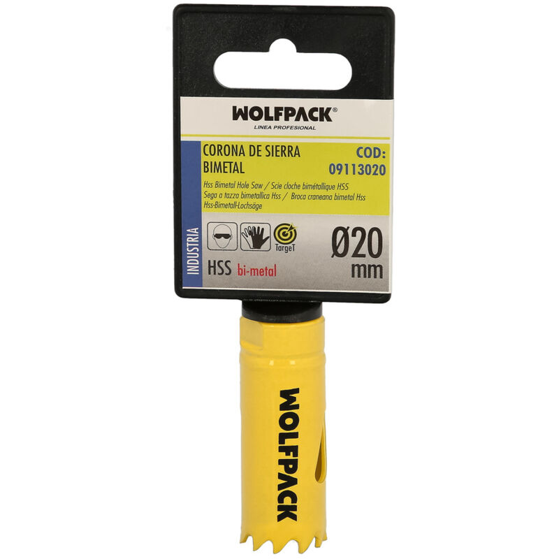 foto del prodotto linea profesional lama bimetallica 20 mm. temprato termicamente, base rinforzata. corona per legno, fori per legno, acciaio, ferro, plastica.
